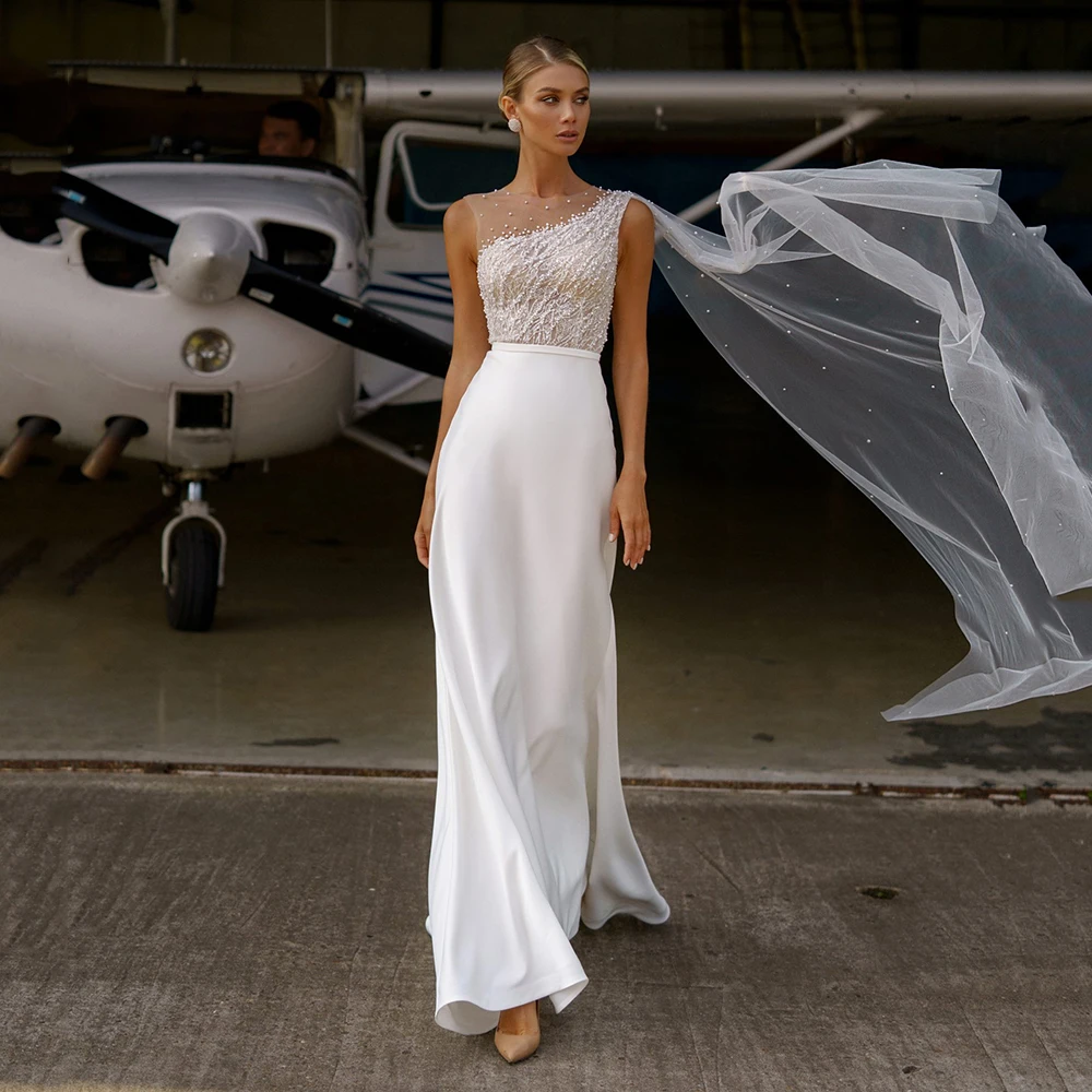 

UZN Chic A Line Fake One Shoulder Bridal Gowns With Long Panel Scoop Neckline Lace Beading Satin Skirt Wedding Dress