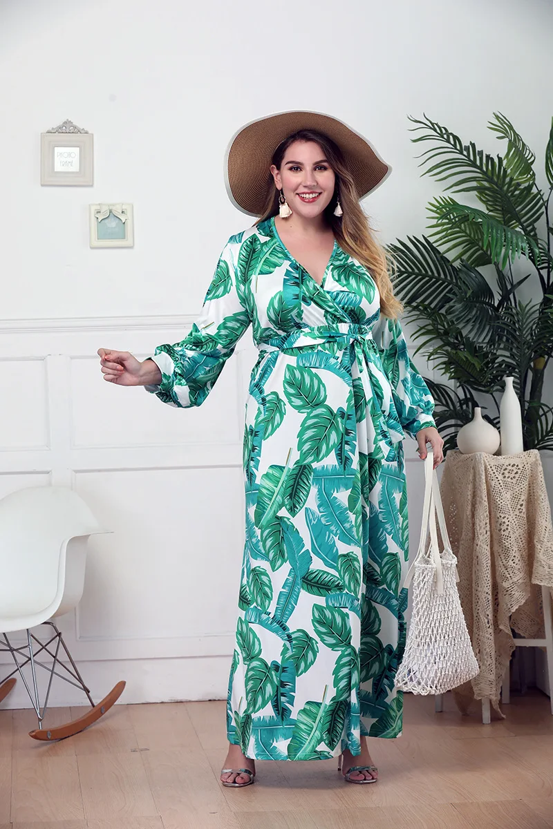 010 Large Size Women Dress Ankle Length Long Skirt L XL XXL 3XL 4XL Green Leave Printing V Neck Full Sleeve Plus Fat People | Женская