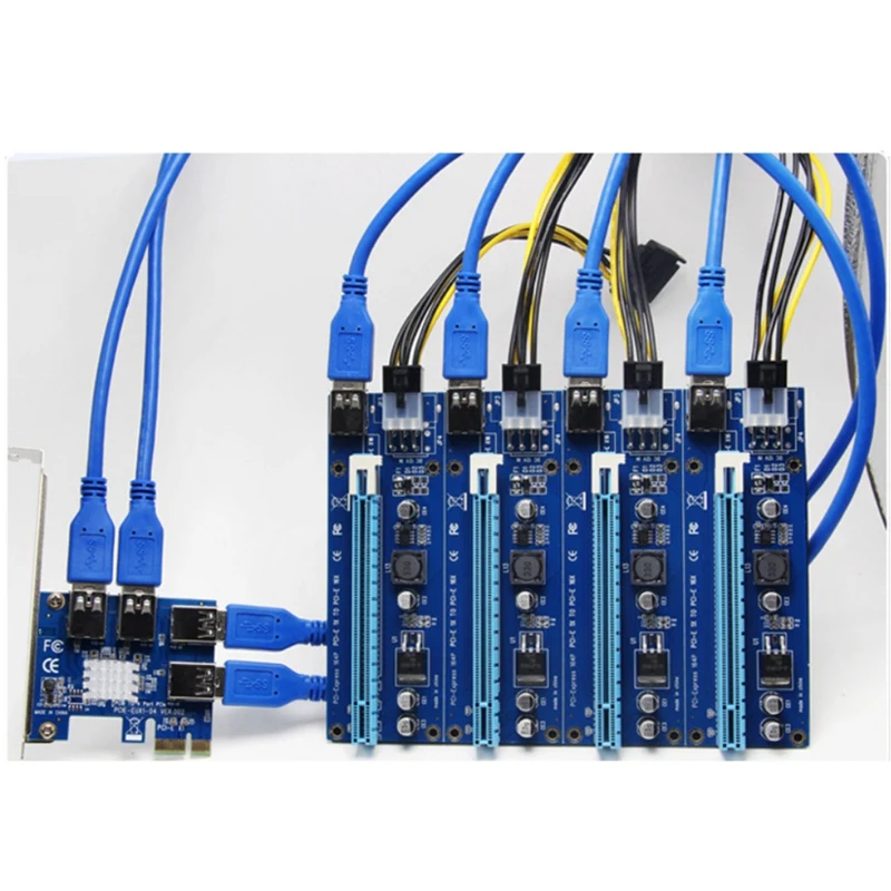 

PCI-E 1 to 4 USB3.0 Expansion Card + 4Xpcie 1X to 16X 6Pin Image Card Expansion Cable Adapter Card Set for Btc Mining