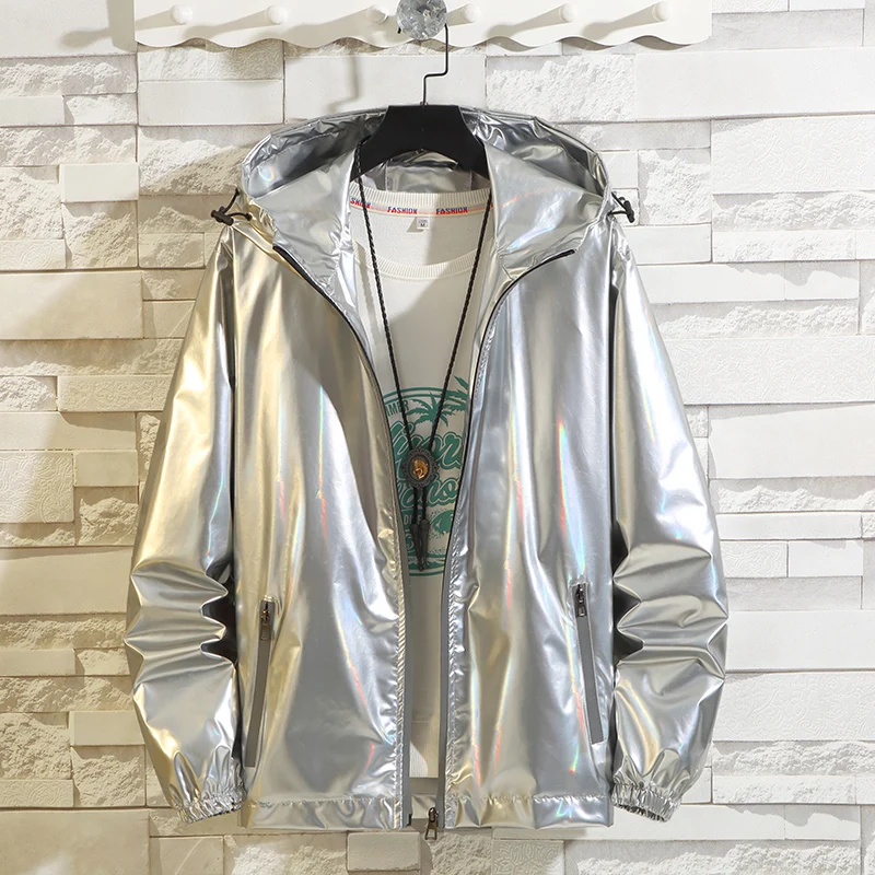 

Spring Autumn New Men Jacket Black Silver Casul Streetwear Male Hooded Coats Dazzle Reflection Sports Outwear S-5XL