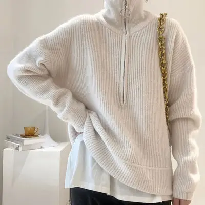 

New High-Neck Sweater Women's Pullover Autumn And Winter New Loose Korean Version Of The Wild Zipper Pure Color Shirt Sweater