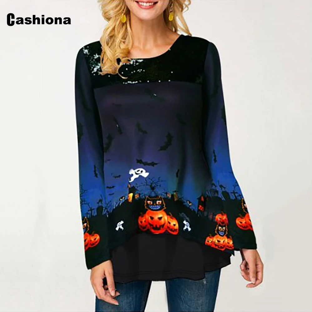 

Plus size Women Elegant Leisure Casual T-shirt Halloween Pumpkin Print O-neck Loose Women's Top 2020 Summer New Tees shirt Femme
