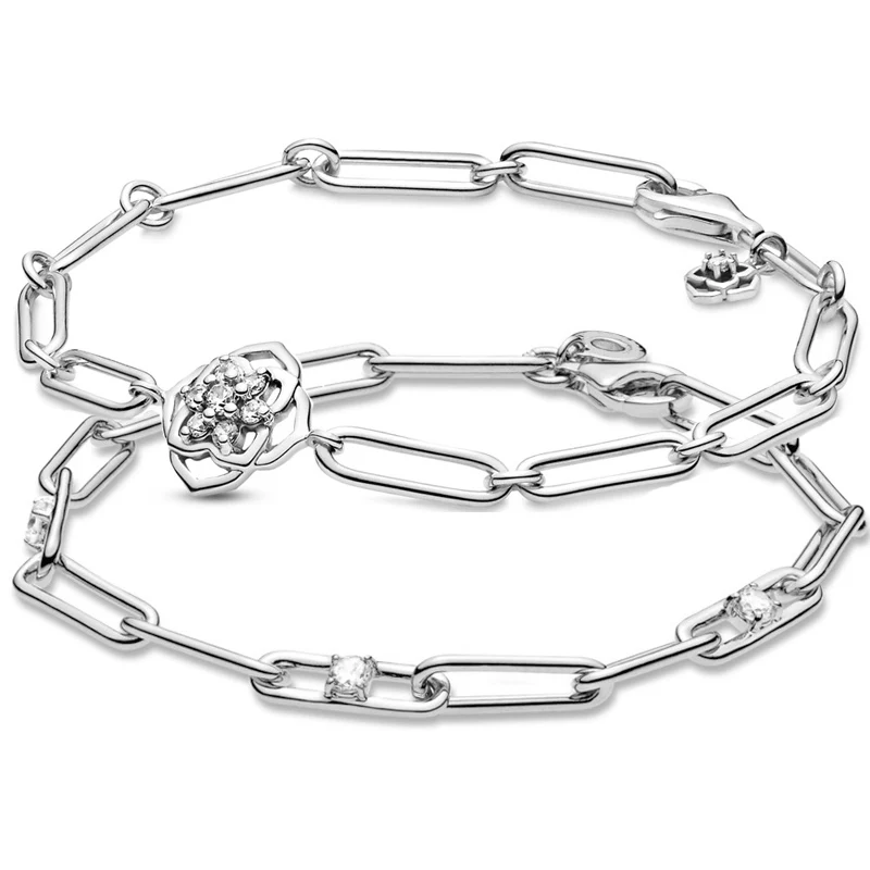 Open Flower Petal Link Chain &amp Stones With Crystal Bracelet 925 Sterling Silver Bangle Fit Pandora Bead Charm Diy Jewelry | Украшения и
