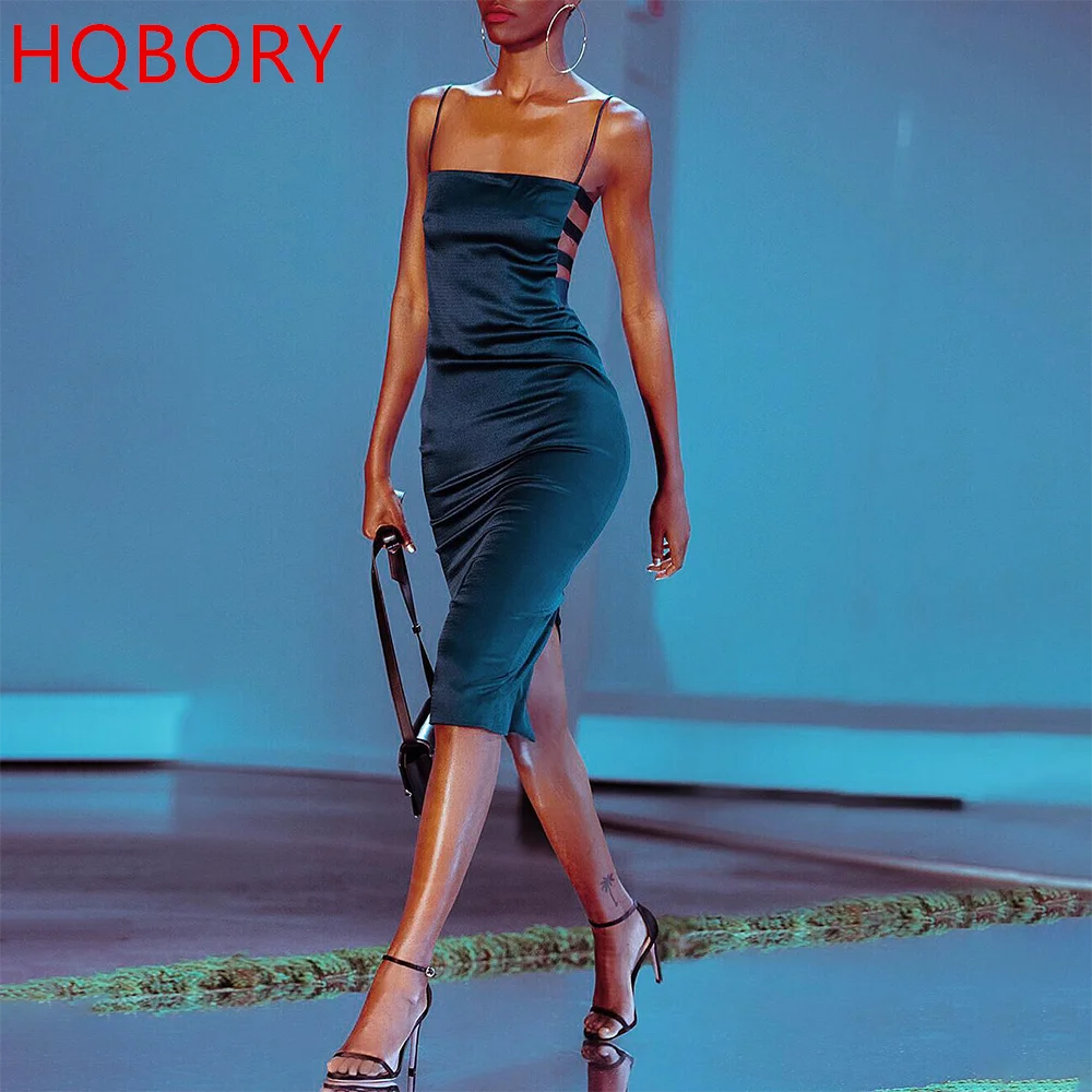 HQBORY/новое летнее сексуальное платье темно синего цвета с вырезом облегающее