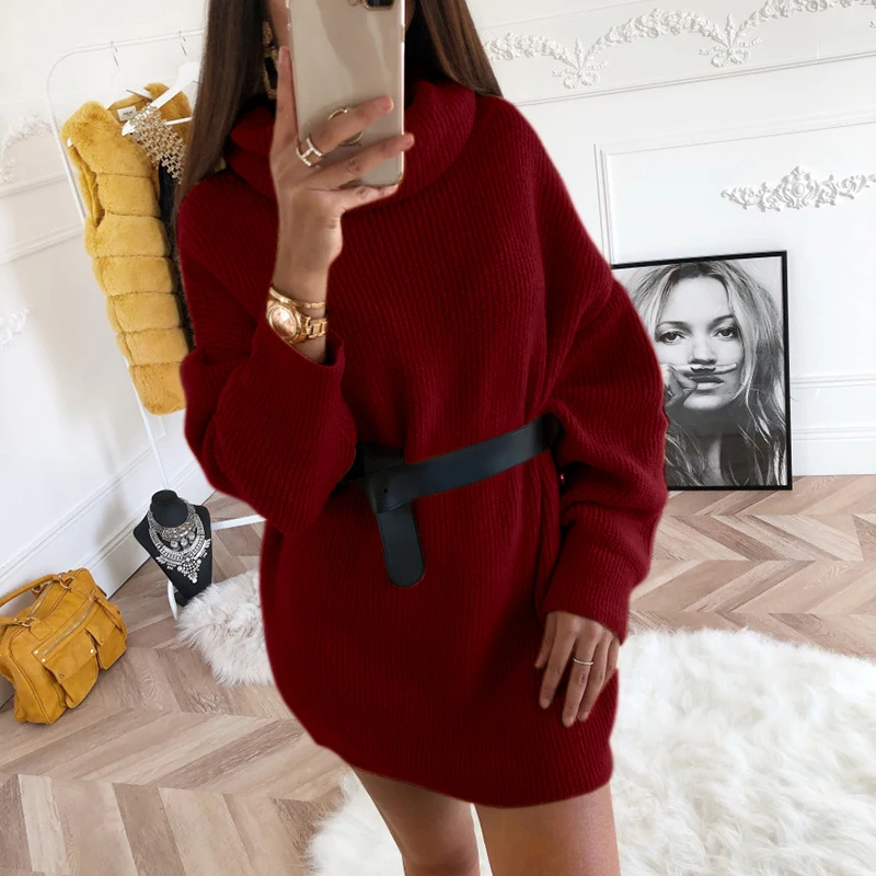 

Yellow Turtleneck Oversized Sweaters Dress Women Autumn Winter 2020 Fashion Solid Long Sweaters Knitted Sweater Ladies