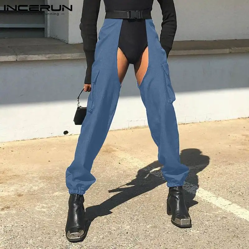 

INCERUN 2021 мужские брюки, однотонные, с вырезами, свободные, с карманами, уличная одежда, сексуальные брюки-карго, индивидуальные мужские брюки ...