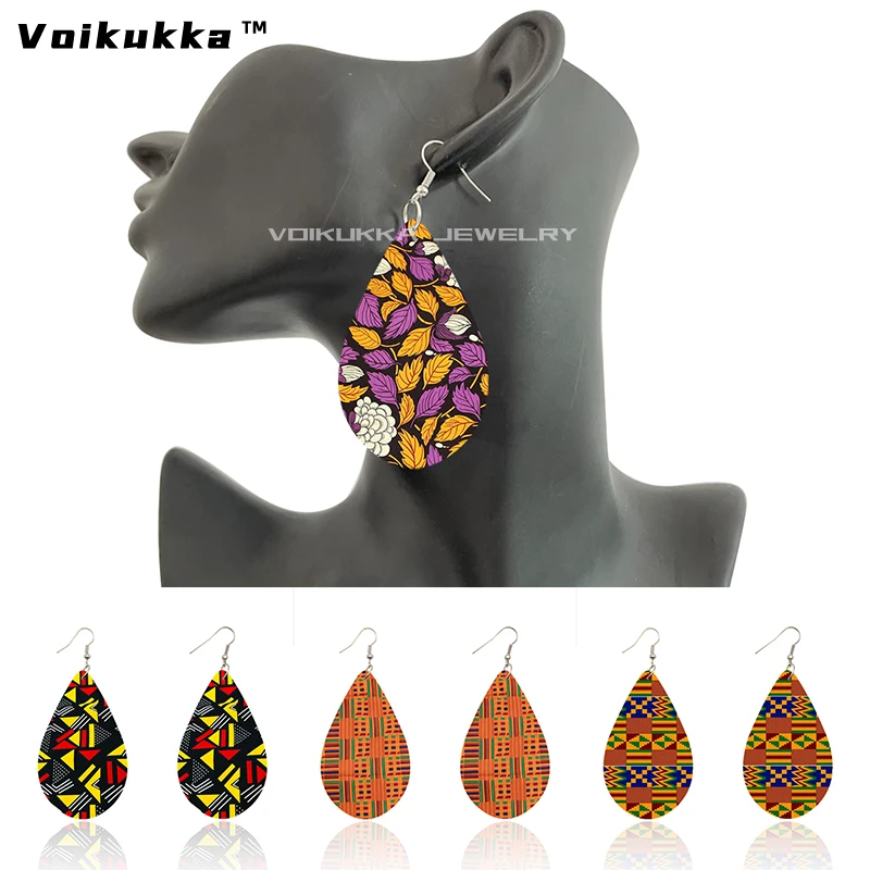 

Voikukka Jewelry Wooden Both Sides Print African Traditional Costume Printing Dangle Water Drop Pendant Women Earrings