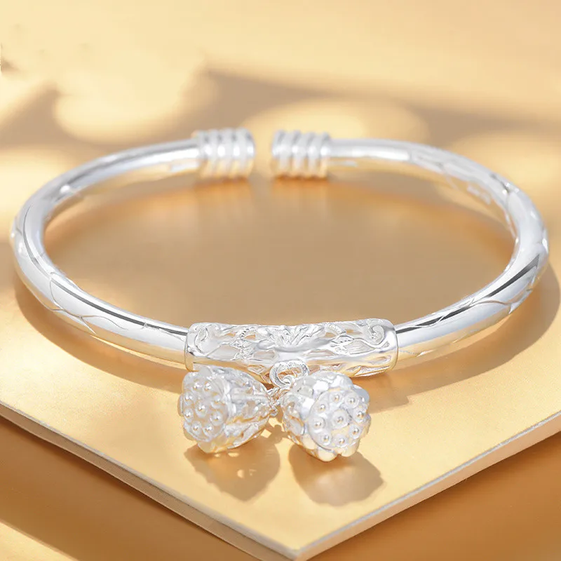 

2021 New Silver Jewelry Women's Bracelet, S999 Lotus Bracelet, Personalized Design, Solid Open Bracelet, Valentine's Day Gift