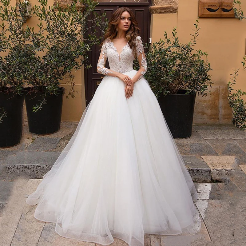 Свадебное платье-Бохо С v-образным вырезом кружевной аппликацией и длинным