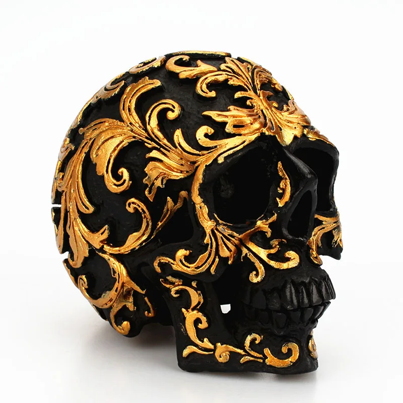 

Gold Skull Ornament With Small Flower Resin Black Skull Creative Decoration