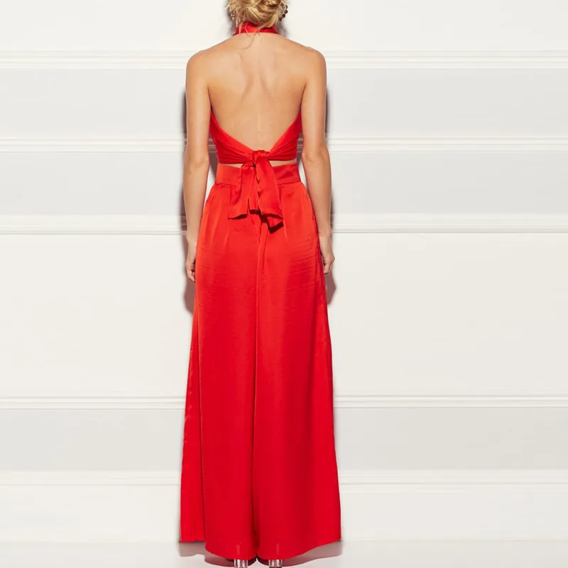 

Halter Summer Sexy Jumpsuit Luxury Silk Satin Solid Flare Pant Romper Elegant Outfit Party Wear Women Jumpsuit
