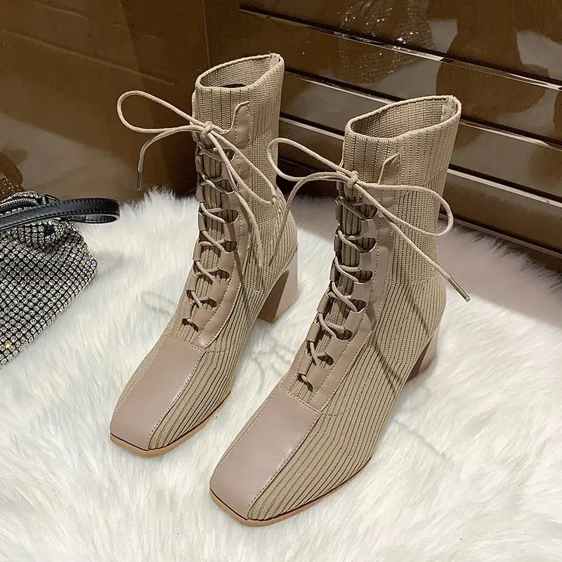 2021 Fashion New Socks Boots Women Spring and Autumn Comfortable High-heeled Short Boots Stitching Square Toe Boots Women