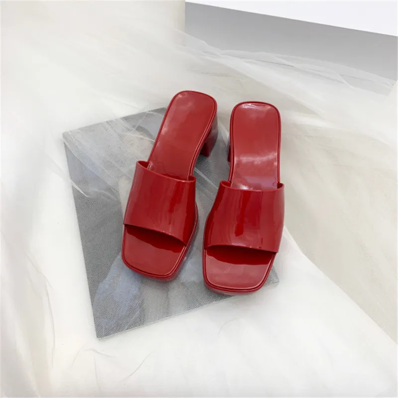 

2021 Brand Women Slip-On Platform Slides Woman Outdoor Thick Heel Square Toe Jelly Shoes Ladies Open Toe Mid Heels Party Sandals