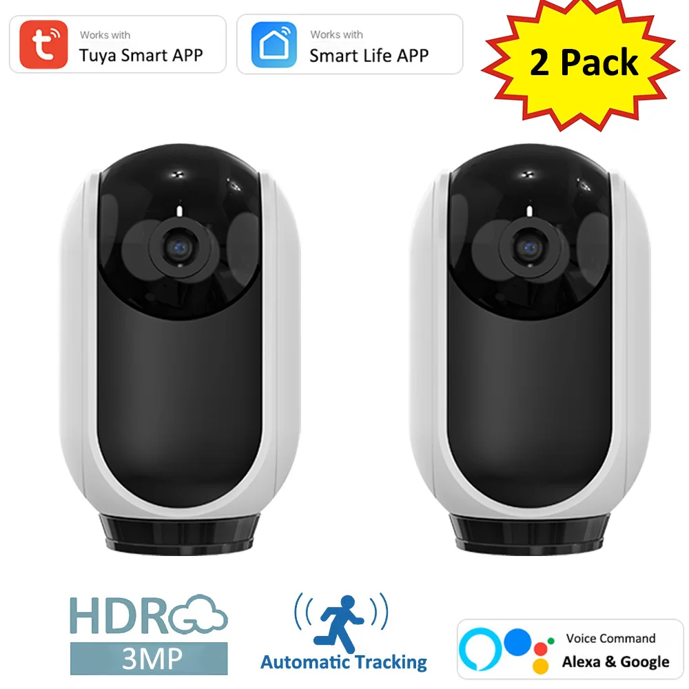

2 Pack 3MP 1080P Indoor Tuya Alexa Google Security Surveillance CCTV Wireless WiFi Cloud Auto Tracking H.265 Private Mode Camera