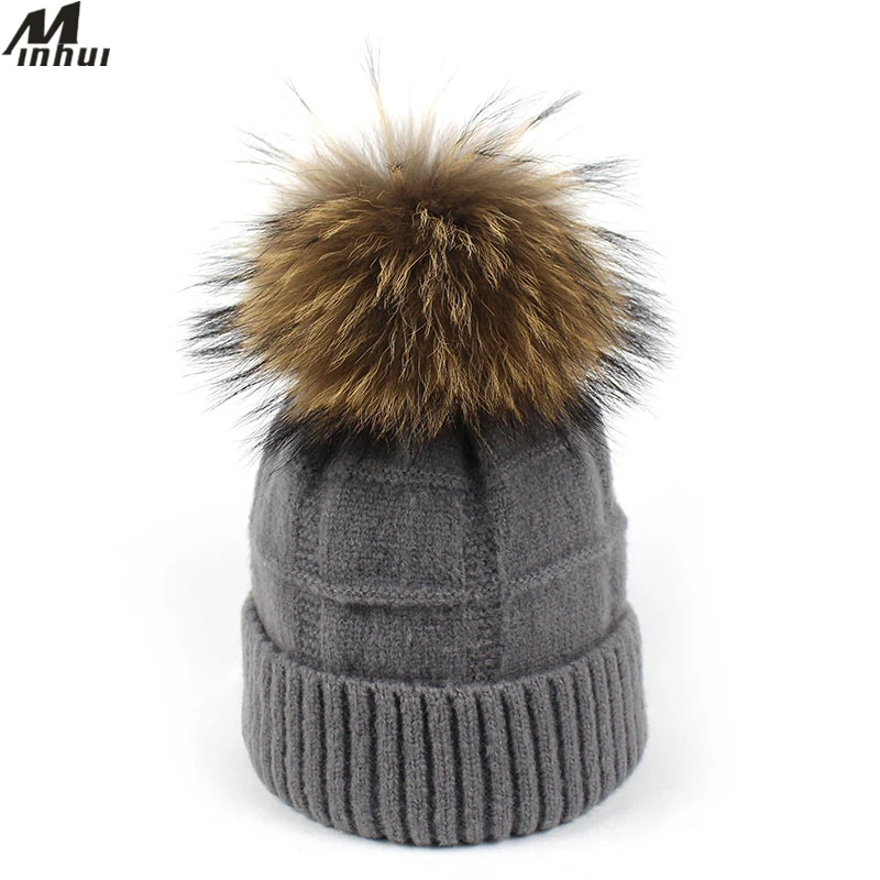 Minhui шапки из натурального меха для женщин зимние вязаная шапка одноцветная