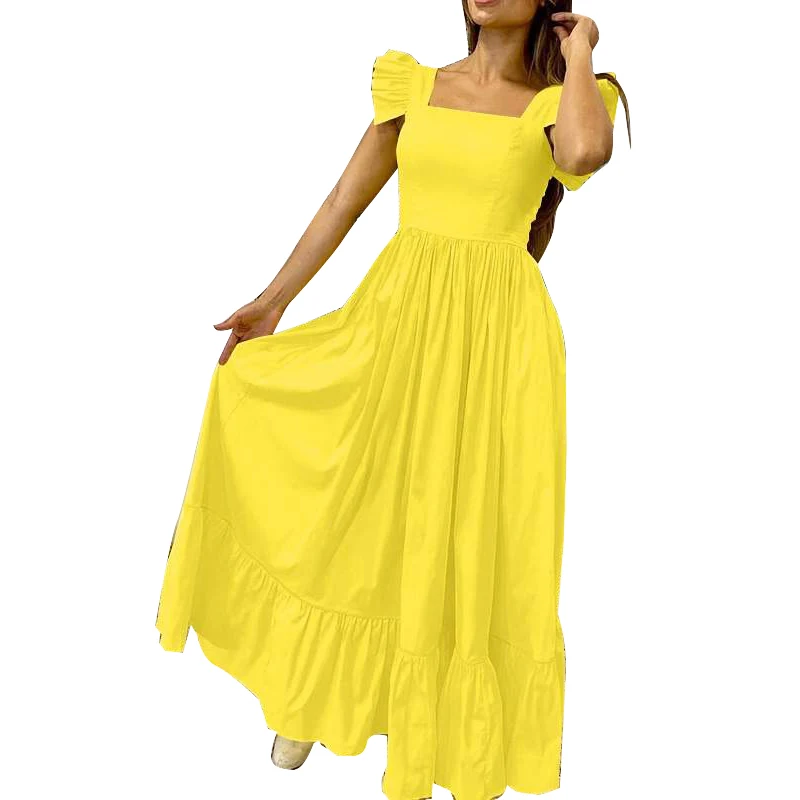 Женский Длинный Сарафан с коротким рукавом желтое платье большого размера