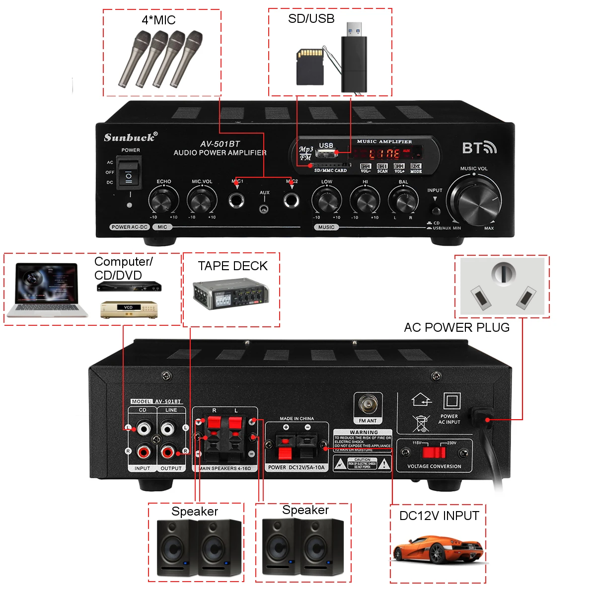 1200W 110V/220V bluetooth Dual Channel Karaoke Mic Input Digital Reverb Home Stereo Amplifier Support USB SD FM AUX | Автомобили и