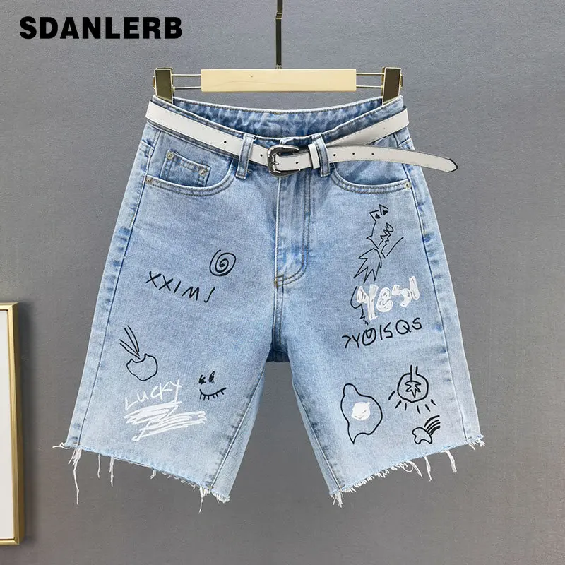 

Denim Mid-Length Pants for Women 2021 Summer Half Jeans New High Waist Slimming Loose Printed Light Blue Straight Cropped Pants