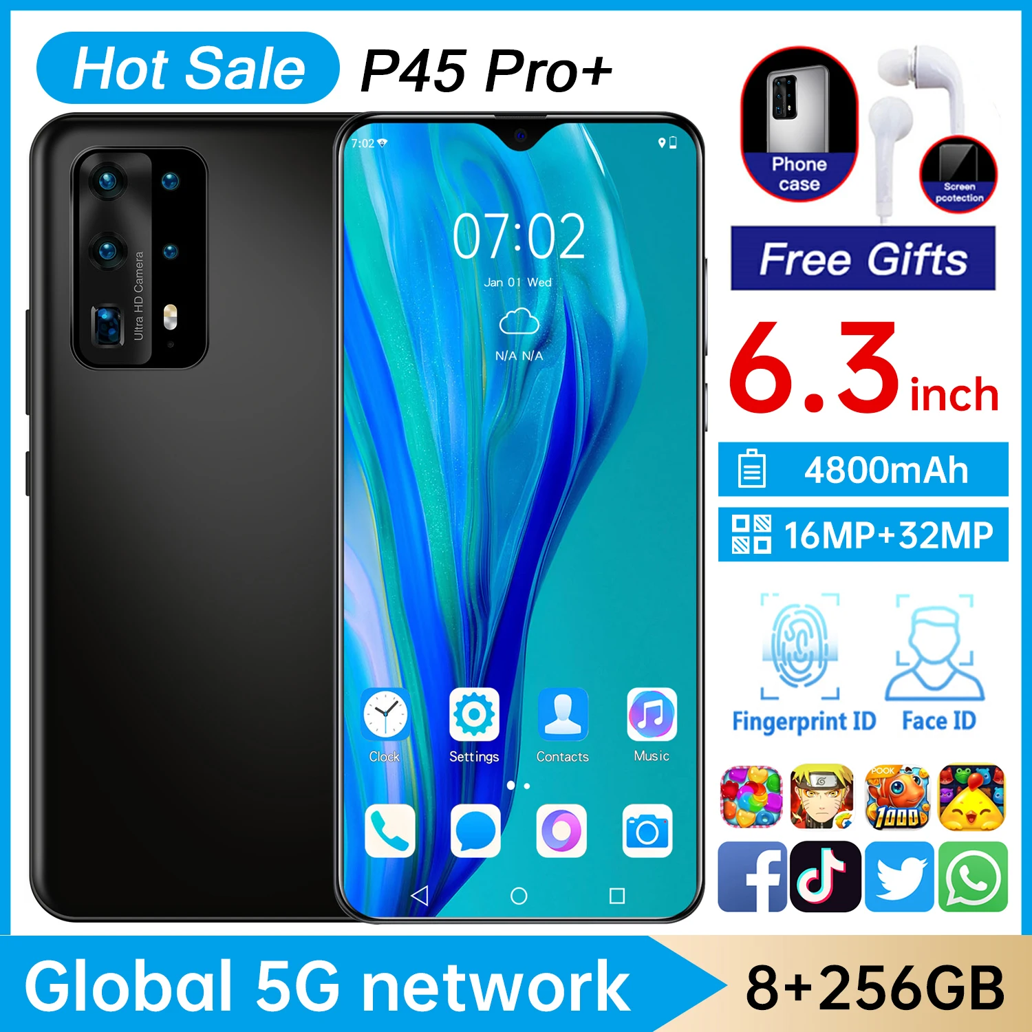 

2021 New Hot Sale 5G Smartphone 12GB+512GB Support Android 11.0 Google Facebook For Huawei P45 Pro+ Samsung Xiaomi Vivo Phone