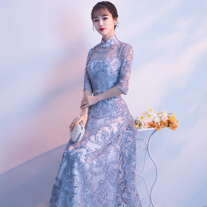 

Tunic Embroidery Evening Party Dress Women Tulle Chinese Dress Vintage Mandarin Collar Qipao Oriental Traditional Cheongsam Gown