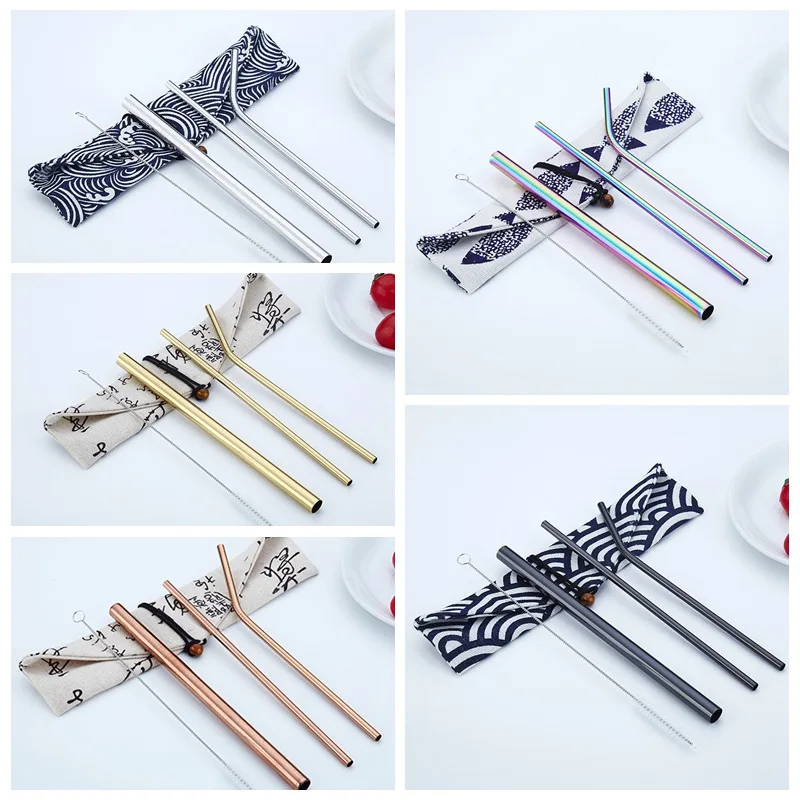 4pcs/Set Reusable 304 Stainless Steel Straw Barware Metal Drinking Straight Straws with Brush Bag Travel Outdoor Bar Accessories