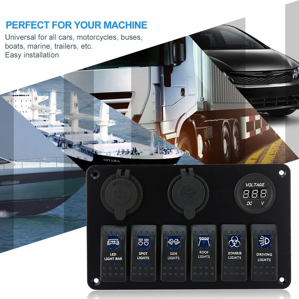 6 Gang Waterproof RV Car Marine Boat Circuit Breaker LED Rocker Switch Panel Dual USB Charger Cigarette Socket | Автомобили и