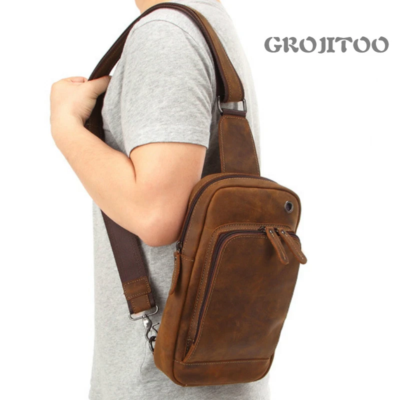 GROJITOO Geniune leather chest bag crazy horse leather shoulder bag  multi-functional leisure mobile phone bag