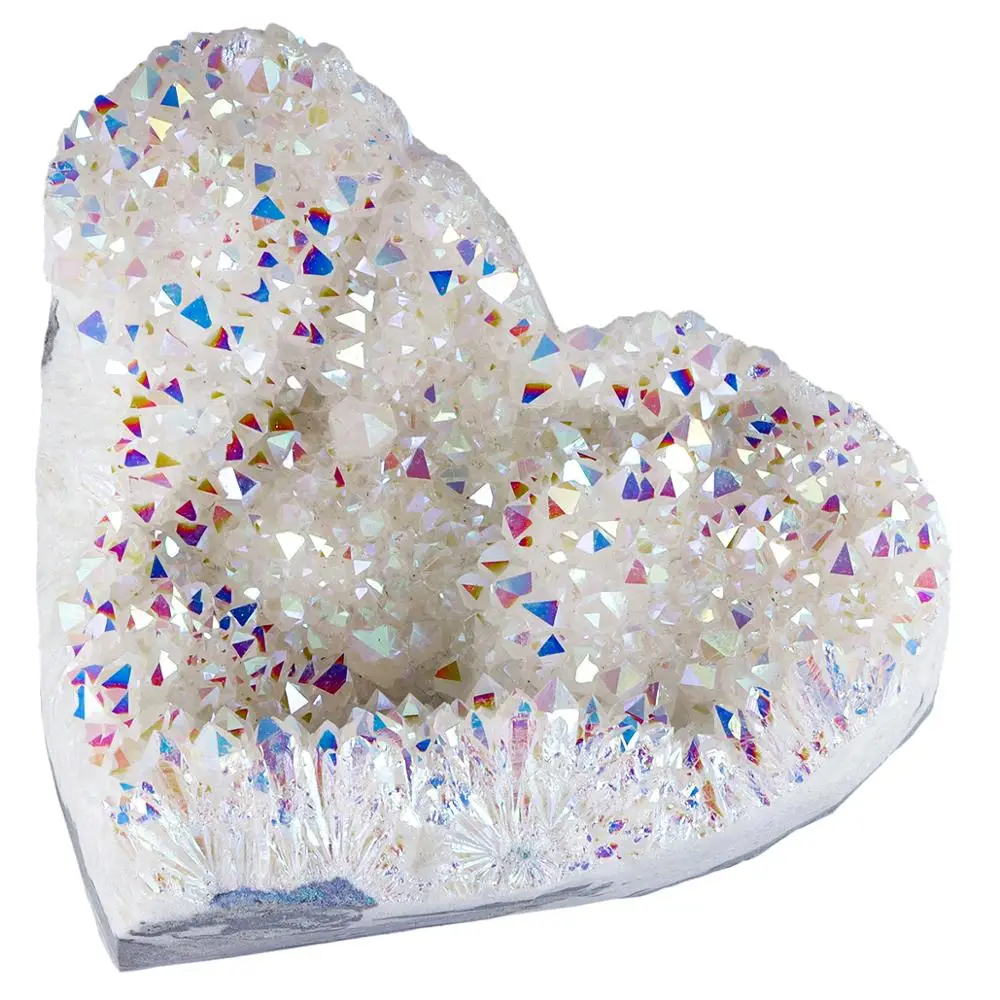 TUMBEELLUWA Titanium Coated AB Crystal Cluster Druzy Geode Heart Shape Gemstone Figurine for Meditation Reiki Healing Home Decor