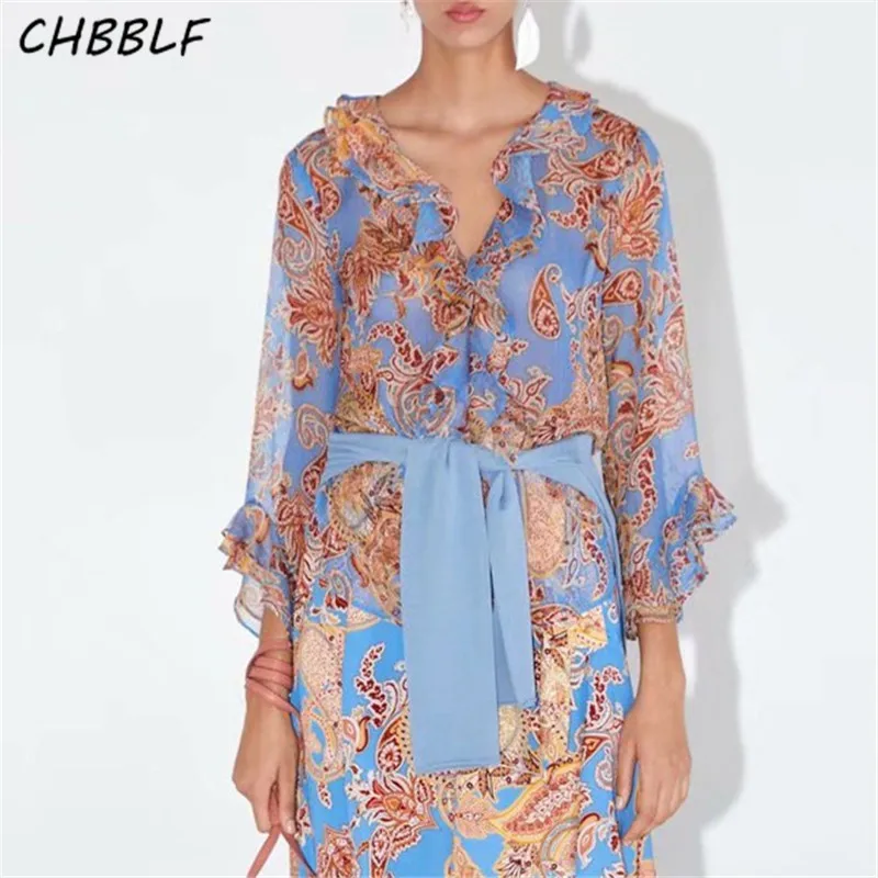 

CHBBLF women sweet ruffled blouse V neck long flare sleeve cute female casual fashion chic shirt stylish tops blusas XSZ2099