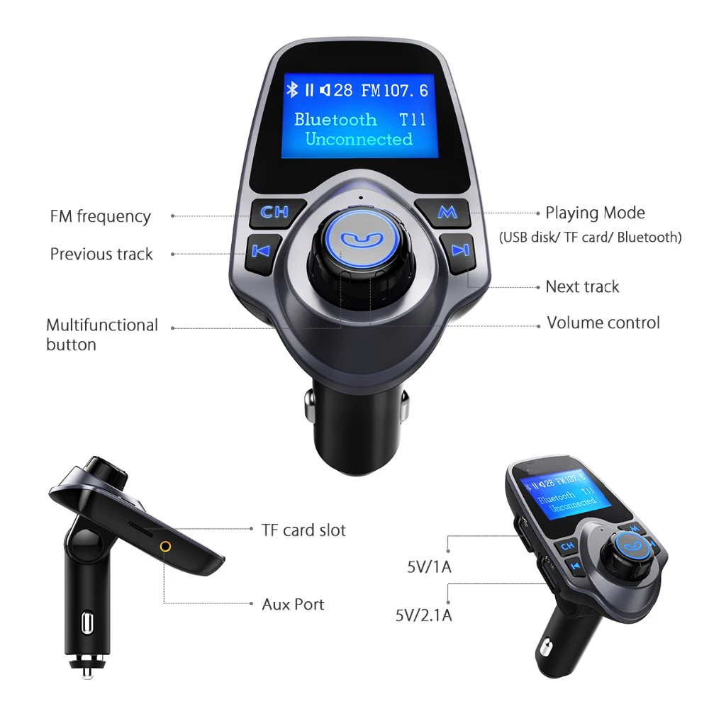 FM-трансмиттер Xiaomi T11 автомобильный беспроводной с Bluetooth и mp3-плеером | Бытовая