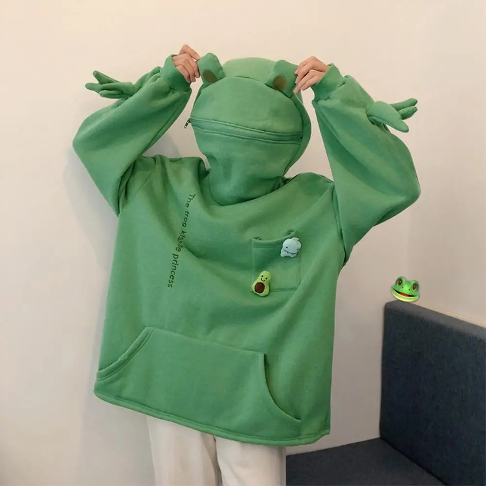 Women Frog Hooded Sweatshirt Big Pocket Decor Zipper Head Pullover Lady Solid Color Long Sleeve Tops Causal Sweatshirt