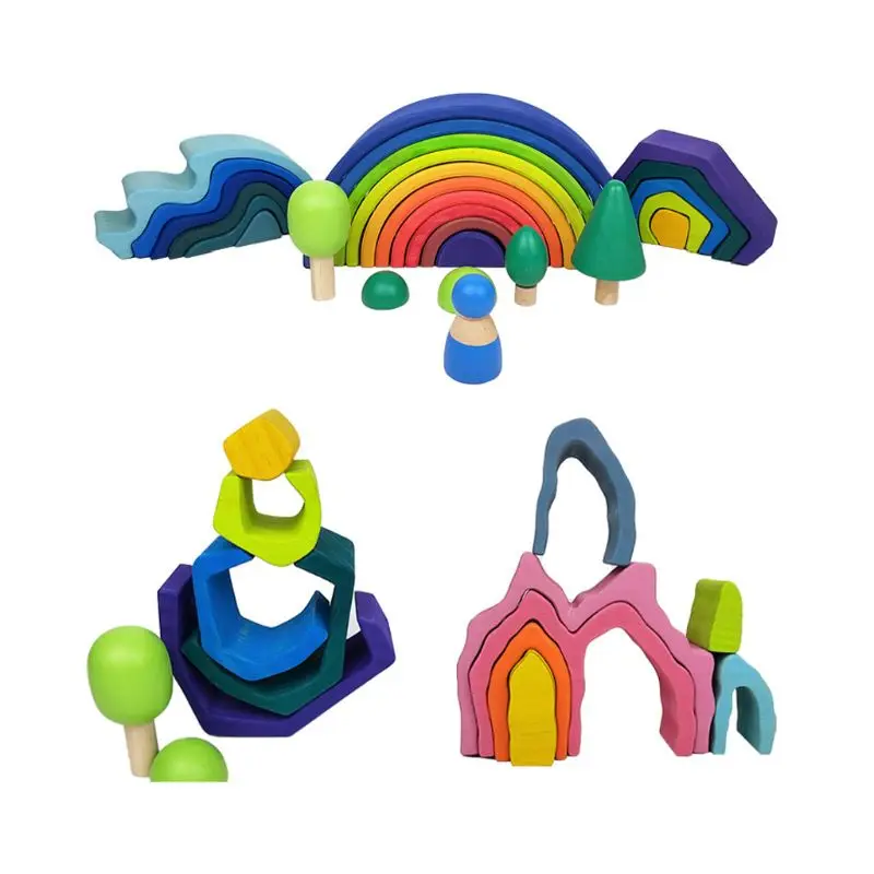 

Kids Wooden Rainbow Building Blocks Sea Wave Hand-Eye Puzzle Educational Toys Birthday Gift