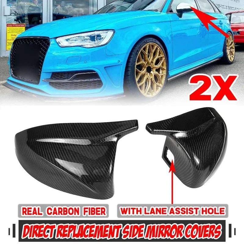 

2X Real Carbon Fiber Car Side Rear View Mirror Cover Direct Replace Cap for- A3 8V S3 RS3 2014-2020 W/ Lane Assist