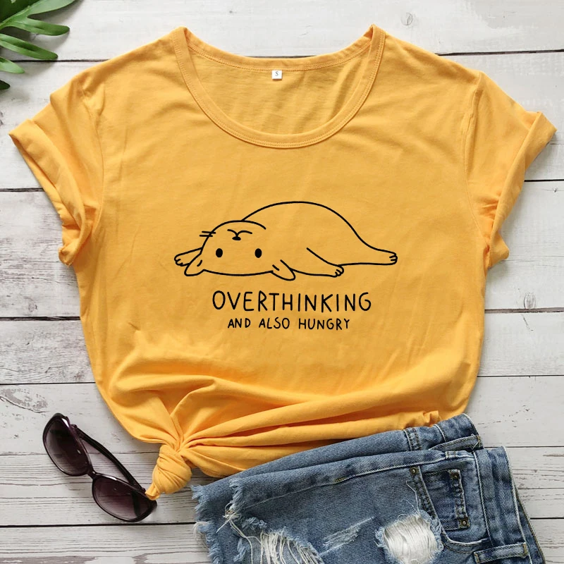 Overthinking и также голод принт с милой кошкой Футболка женская Tumblr с графикой для хипстеров повседневные футболки топы летние Harajuku Забавные футболки