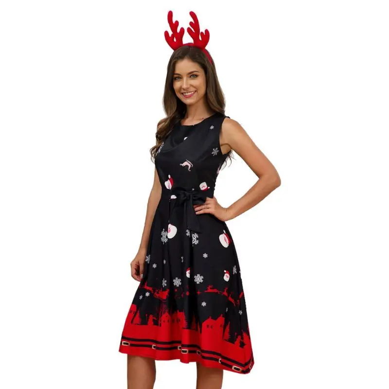 

2019 Plus Size Woman Vintage Dress Xmas Retro Santa Christmas Printed O-Neck Sleeveless Swing Dress Sexy Women Clothing Hot