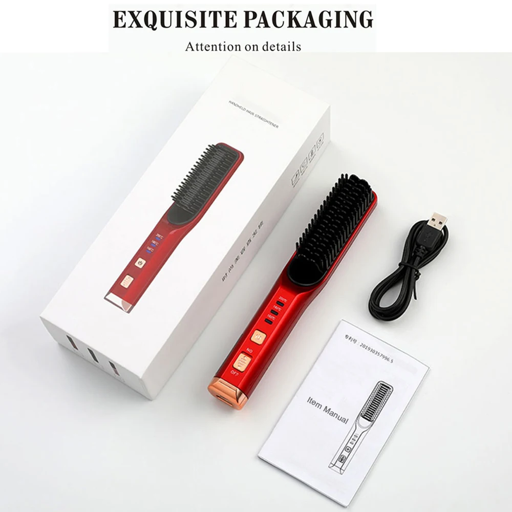 

2021 New Hair Straightener Brush Cordless USB Charge Beard Straightener Hair Styler Hot Comb Hair Iron Heating Brush Beard Brush