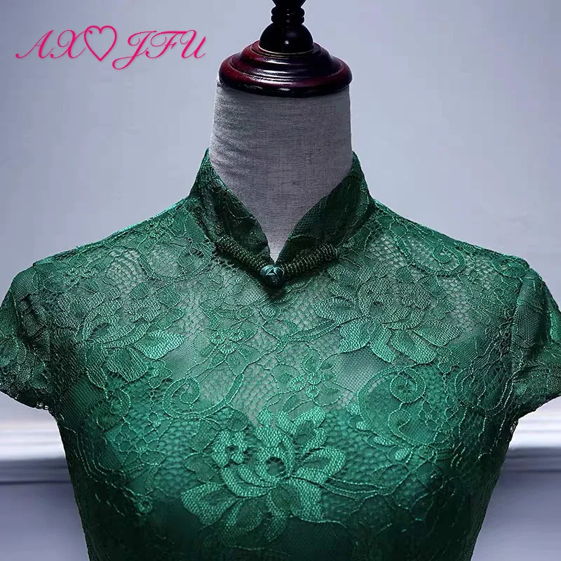 

AXJFU princess green flower lace a line evening dress vintage high neck bride party white bow evening dress little black dress