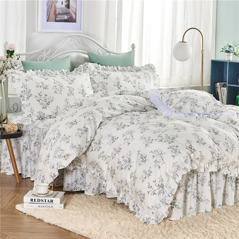 Хлопковый рельефный наволочка с оборками. Удобный наволочки и красивое зеленое постельное белье с маленькими свежими цветами, набор для постельного матраса HM-07F.