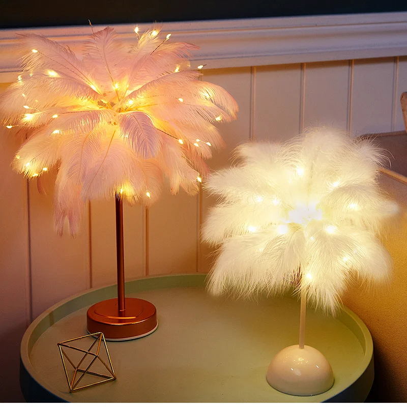 

LED feather dandelion copper wire table lamp net red romantic wedding decoration lamp remote control lantern ins night light