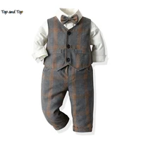 top and top fashion boys gentleman clothing sets kids boys blazer suits toddler plaid style shirt pants waistcoat 3pcs outfits
