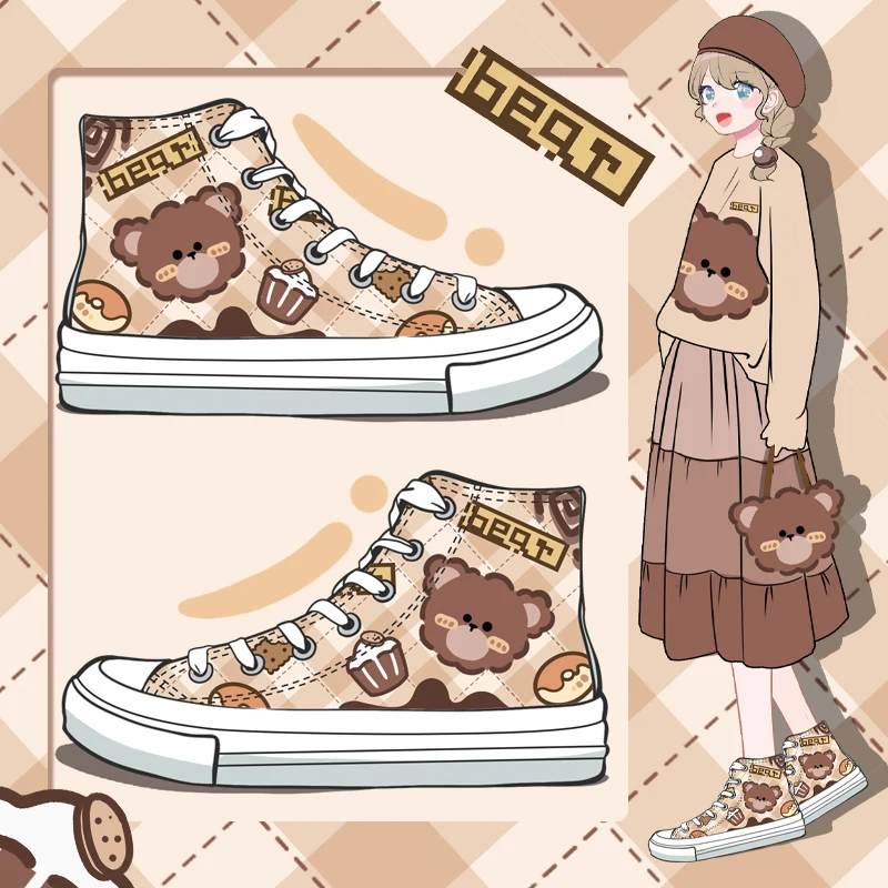 

Amy and Michael Lovely Anime Bear Hand Painted Canvas Shoes Girls Students Cute Casual Sneakers Woman Vulcanize Shoes Size 45 46