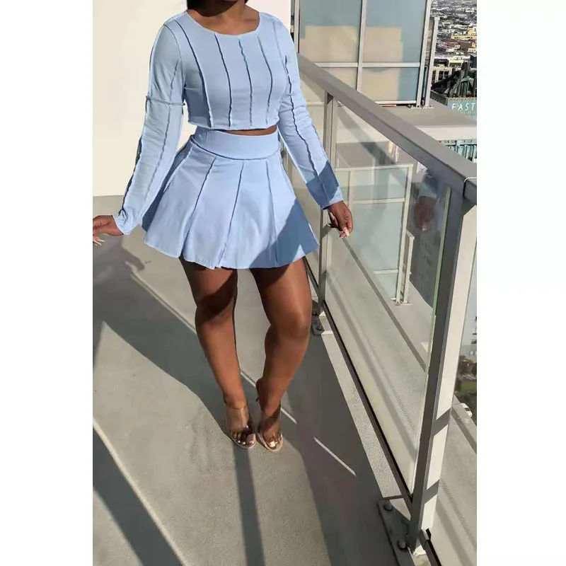 

Autumn Clothing Two Piece Set Women Solid Splicing Long Sleeve Crop Top+Skirt Sets Club Outfit Sports Streetwear Wholesale Items