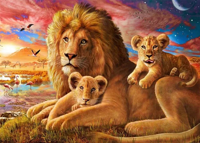 

Diamond Painting Diy 5D European Style Acrylic Material Beach Big Lion and Little Lion Pattern Round Diamond Square Diamond