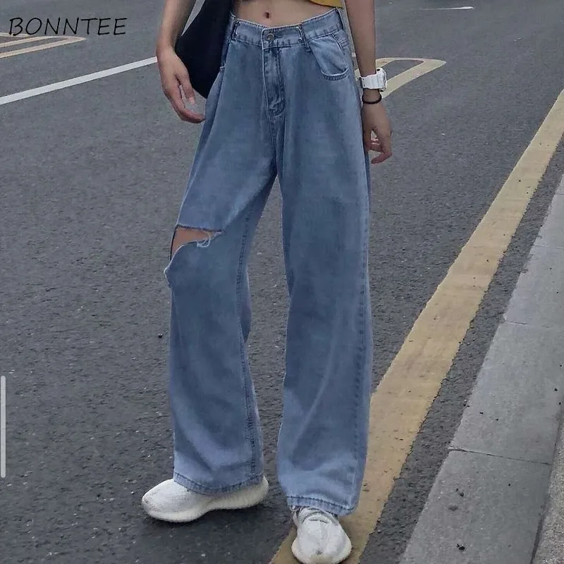 

Однотонные женские джинсы с широкими штанинами в Корейском стиле, универсальная свободная уличная одежда бойфренда в стиле ольччан