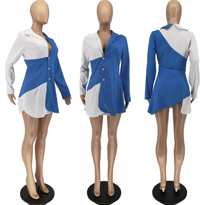 

WUHE Color Contrast Patchwork Dresses Single Breasted Long Sleeve Deep V Neck Hollow Out Casual Summer Office Work Shirt Dress