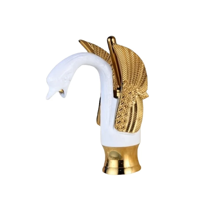 

Grifo de latón con forma de cisne dorado y blanco para lavabo de baño, grifería de agua fría y caliente con forma de Animal