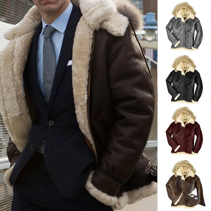 

High-quality 2021 Winter Men's Retro Style Jacket, Fur Collar Casual Hooded Jacket, Lapel Plus Velvet Slim Leather Jacket