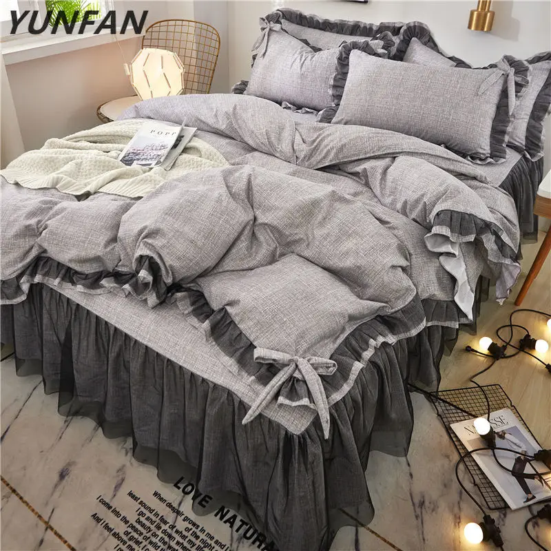 

Gray lace Bedding Set twin Full Queen King Bedspread princess Duvet Cover set Pillowcase girls lace bed skirt solid bedclothes