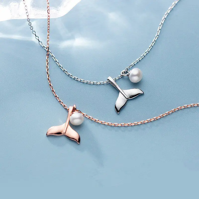 

A00557 Genuine 100% 925 Sterling Silver Cute Fishtail Pearl Cross Chain Clavicle choker Necklace for women Pendant Jewelry