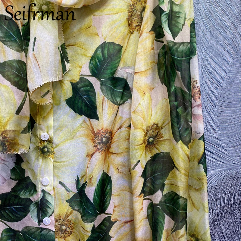 

Seifrmann New 2021 Spring Fashion Runway Shirts Bow Lace Flare Sleeve Floral Print Loose Ladies High Quality Real Silk Blouses